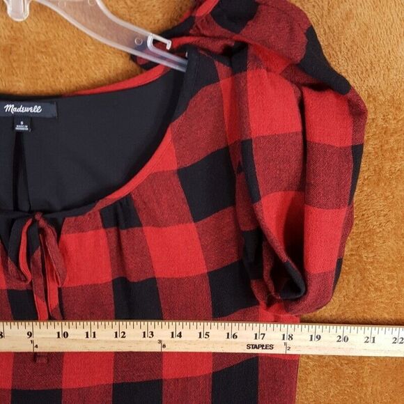 MADEWELL Womens Dress Small Red Pullover Shift Buffalo Plaid Tie Front Keyhole - Picture 3 of 7